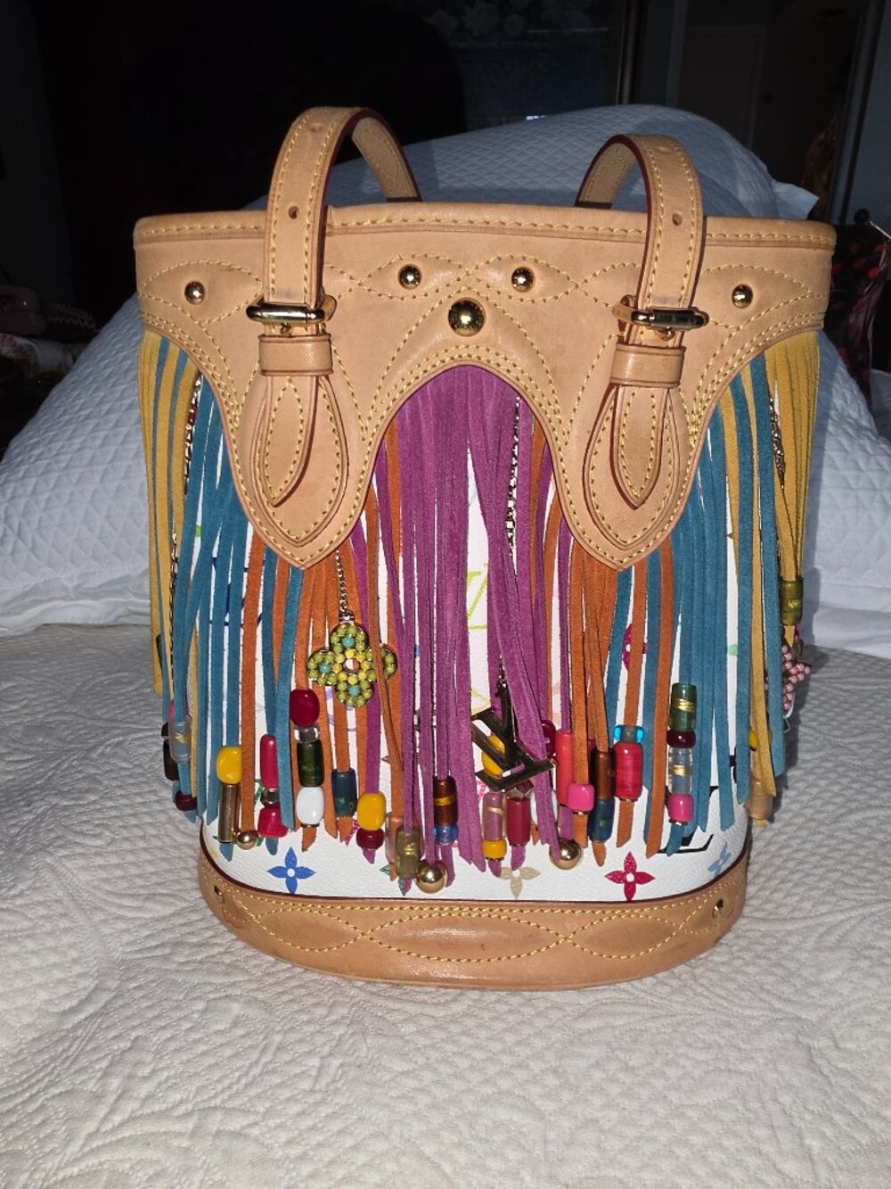 Louis Vuitton Takashi Murakami White Monogram Multicolor Fringe Bucket